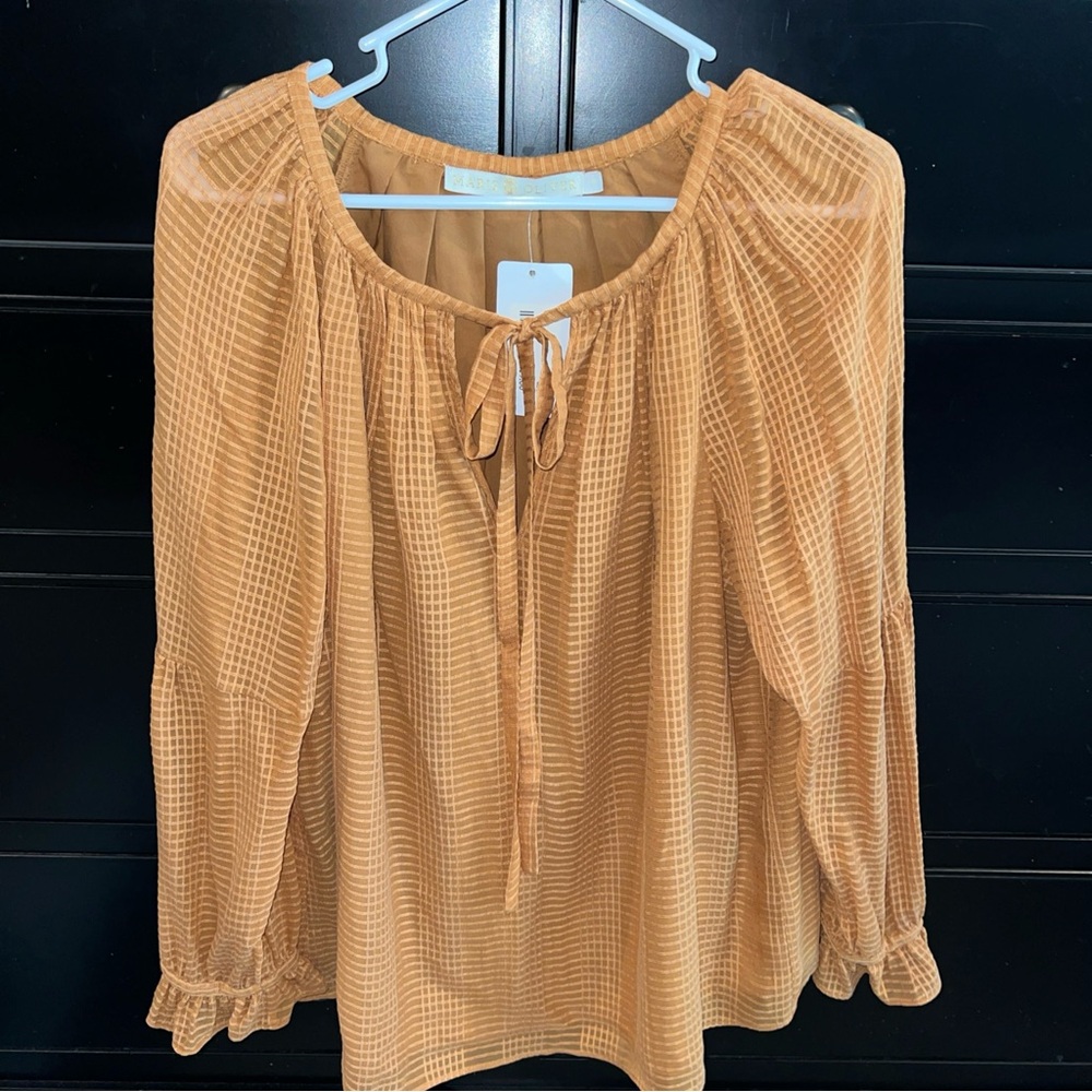 Marie Oliver Women's Brown Rust Colored Silk Linen‎ Peasant Top Tie Neck Medium